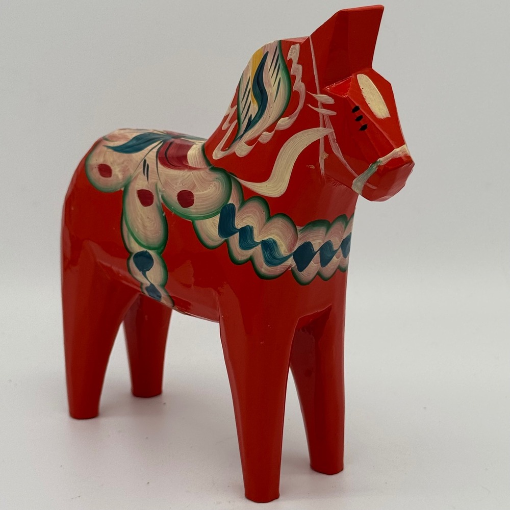Vintage Nils Olsson Swedish Dala Horse Red Wood Folk Art Sweden Stamped Vtg 7x6